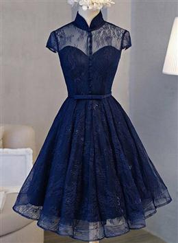 Picture of High Neck Homecoming Dresses, Lace Dark Navy Lace-up Short Prom Dresses